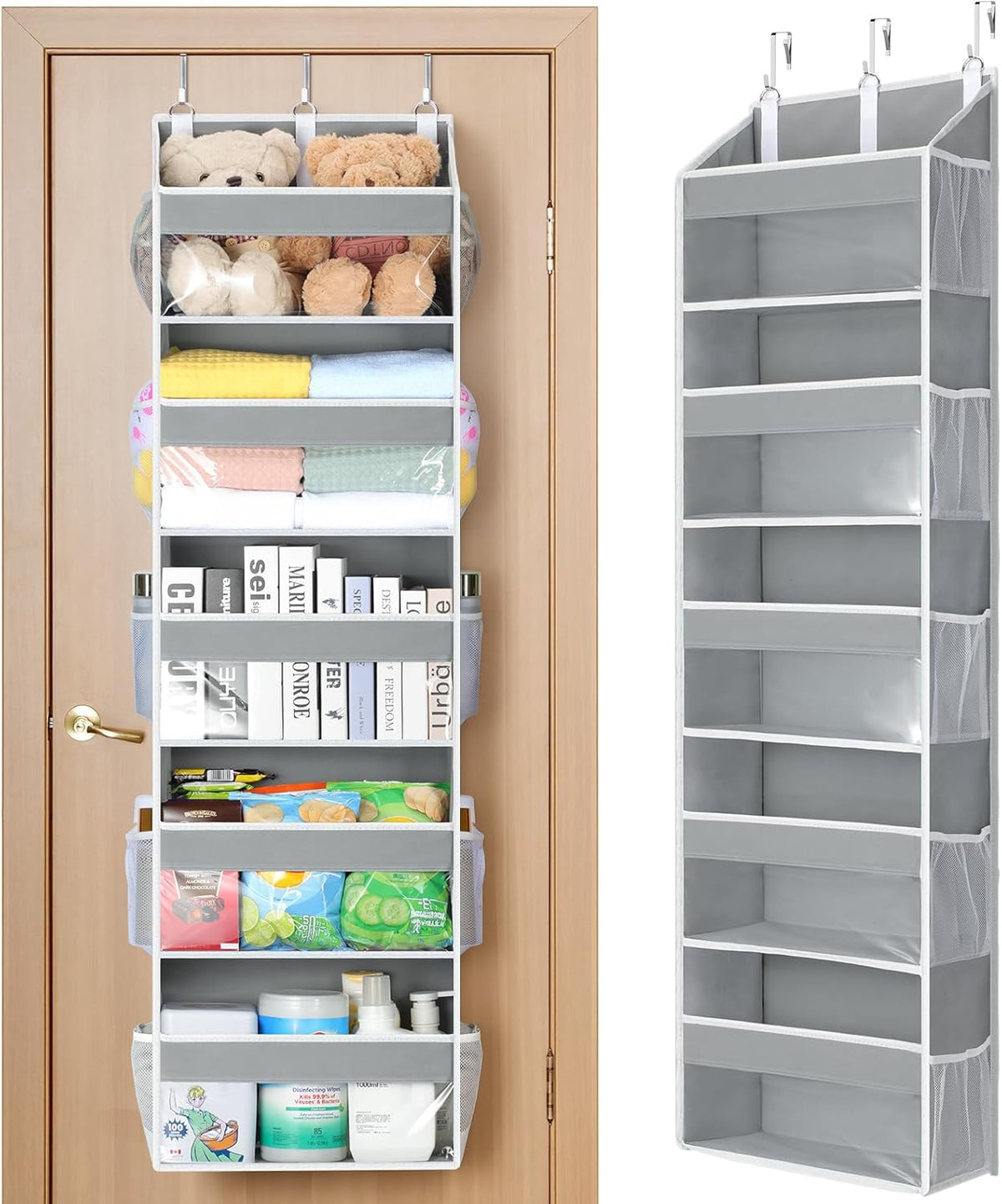 Yecaye Over the Door Organizer 5 Tiers, Heavy Duty Hanging Storage with 5 Large Clear PVC Pockets and 10 Side Pockets, 56lbs Capacity for Closet Door Bathroom Bedroom Nursery Dorm Laundry Room, Grey