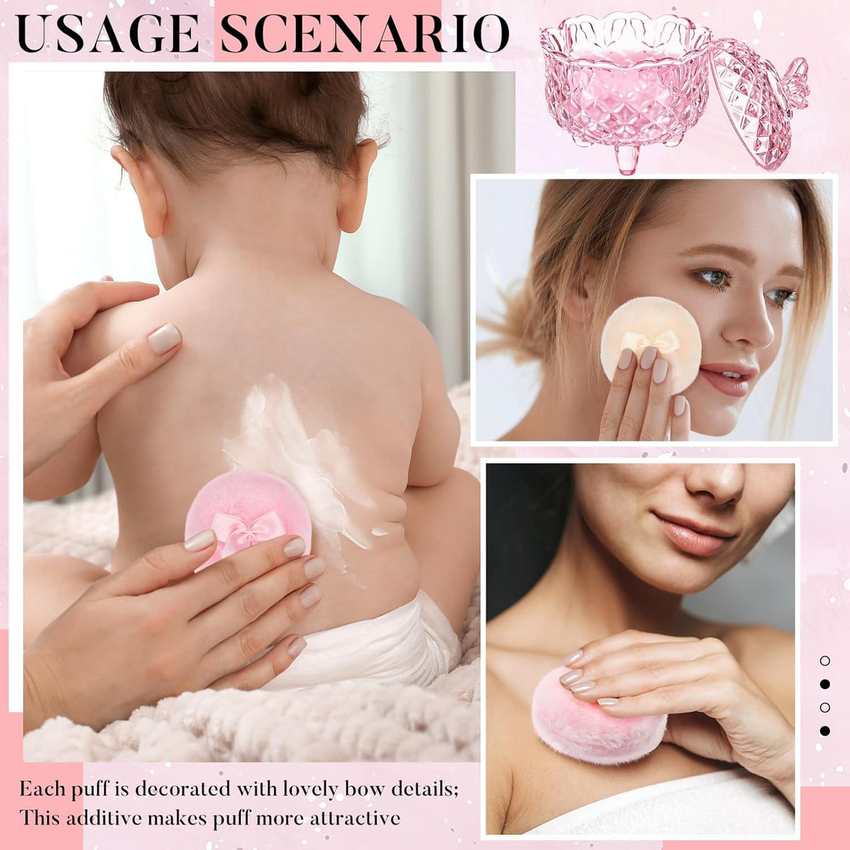 Tioncy 3 Pcs Large Body Powder Puff and Container Valentine's Day gift Powder Container with Puff Crystal Case Soft Washable Reusable Velour Face Body Glitter Wet Dry Makeup (Classic,Clear)