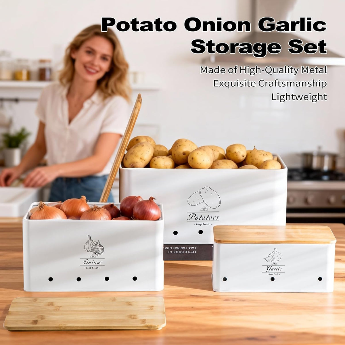 Potato Onion and Garlic Storage Bin Set of 3, Black Metal Kitchen Vegetable Canisters with Bamboo Lid and Aerating Holes, Stackable Kitchen Storage Tin for Countertop Pantry