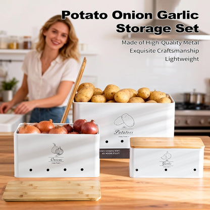 Potato Onion and Garlic Storage Bin Set of 3, Black Metal Kitchen Vegetable Canisters with Bamboo Lid and Aerating Holes, Stackable Kitchen Storage Tin for Countertop Pantry