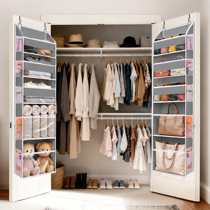 5 Tiers Over the Door Organizer with 10 Mesh Side Pockets, 44 lbs Weight Capacity Closet Hanging Storage Organizer with Large Clear Window Kids Toys, Shoes, Diapers, Beige