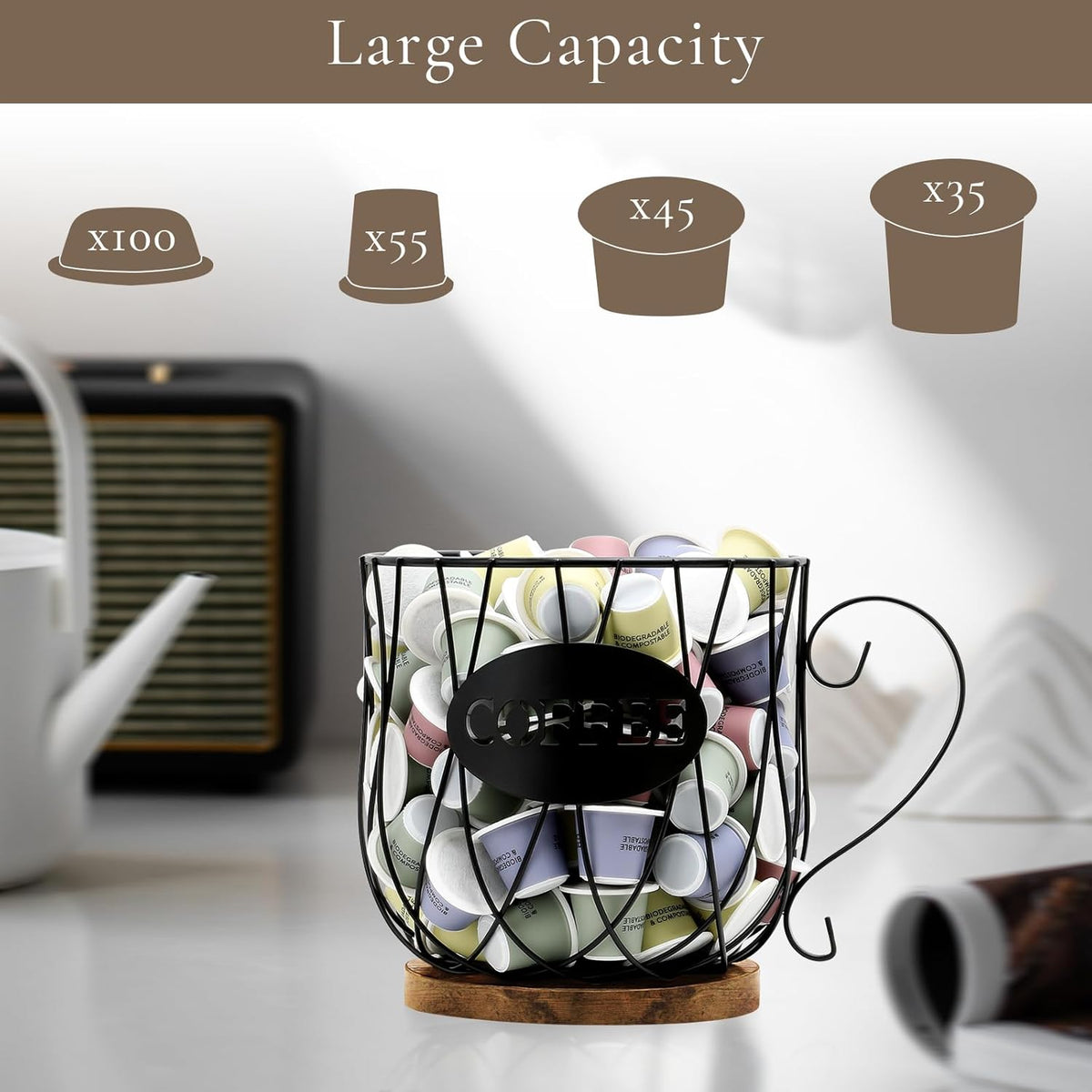 Coffee Pod Holder Organizer,Large Capacity K Cup Holder Organizer, Storage Basket for Kitchen Countertop Office Coffee Bar with Wooden Base(Rustic Brown-Square)