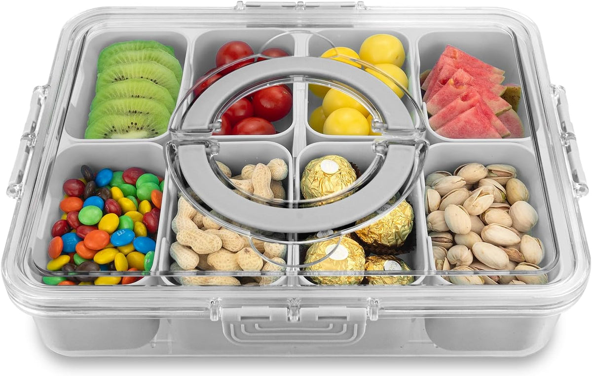 Divided Serving Tray with Lid and Handle,8 Compartments Snacks Box,Snack Fruit Tray,Veggie Tray,Portable Platter for Candy Fruits Nuts Snack Party Entertaining Picnic