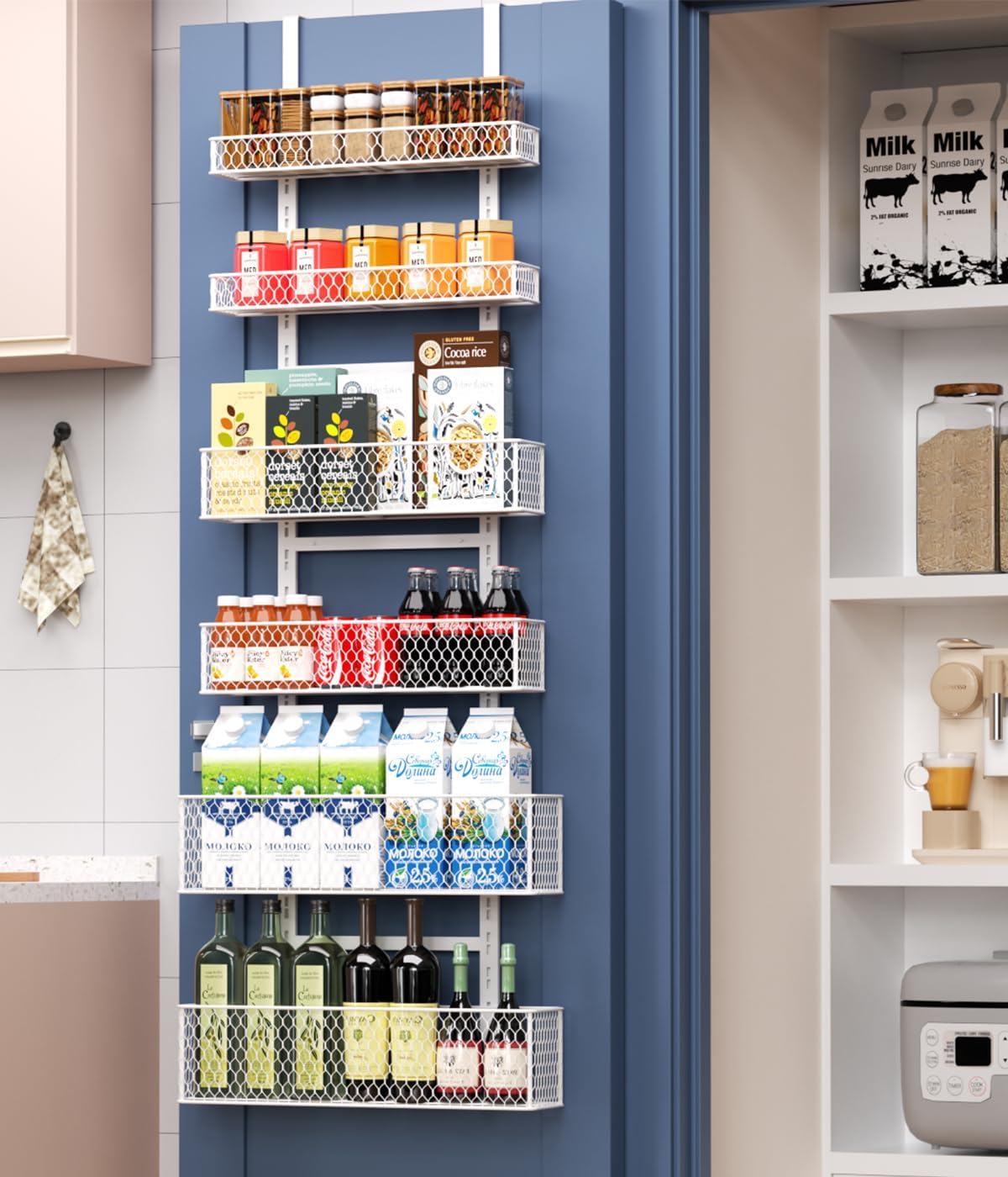 Bunoxea 6-Tier Over The Door Pantry Organizer,Hanging Spice Rack,Over Door Adjustable Basket with Handle,Pantry Organization And Storage, Laundry Room,Bathroom,Large Capacity,D5.3xW15.7xH60.9in