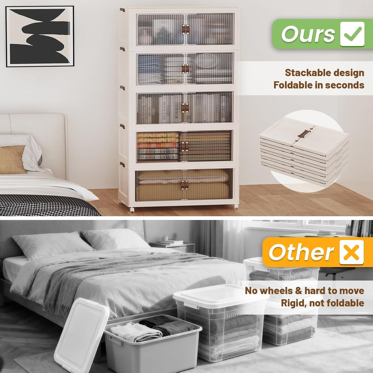 SAILUN 145Gal/580Qt Stackable Storage Bins Folding Collapsible Storage Bins with a Lid, Closet Organizers and Storage,White 26" W x 17" D x 71" H