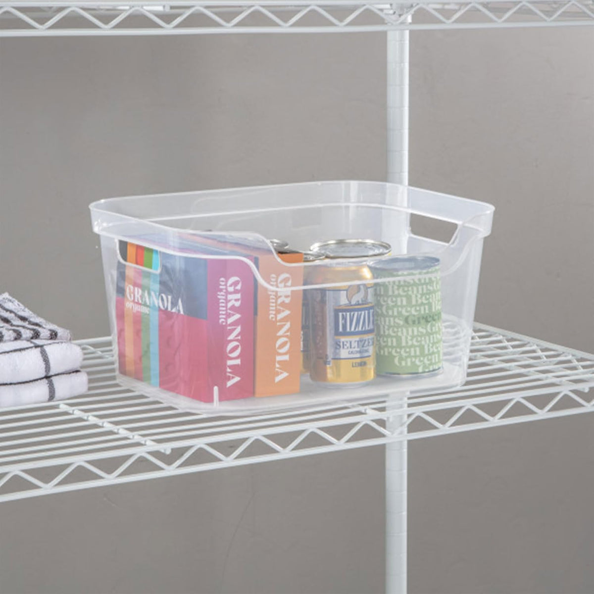 Sterilite 7 x 11 x 14.25 Inch Polished Open Scoop Front Storage Bin with Comfortable Carry Through Handles for Household Organization, Clear