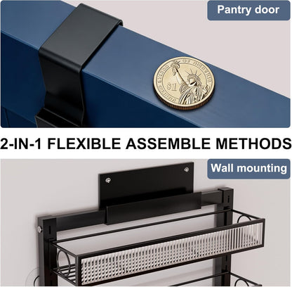 Over the Door Pantry Organizer 8 Tier Hanging Door or Wall Mounted Spice Rack with Adjustable Acylic Basket,Heavy Duty Metal Seasoning Storage Shelf for Kitchen Pantry and Bathroom