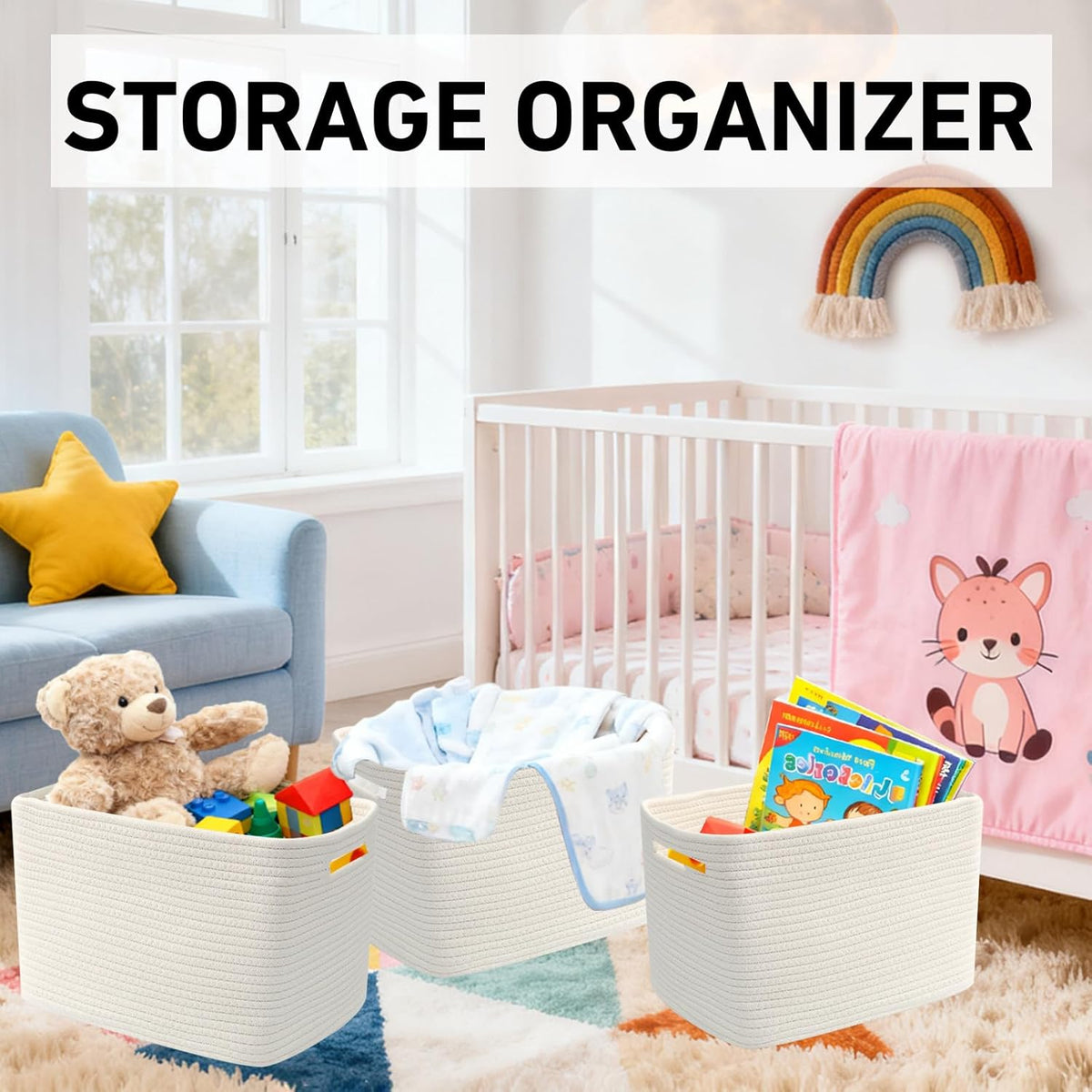 3 Pack Woven Rope Storage Baskets for Shelves,13.5"×11"×9.5" Storage Bins with Handles,Empty Gift Baskets,Nursery Organizer for Toys,Towels,Books,Closet,Living Room,Bedroom (White & Brown)