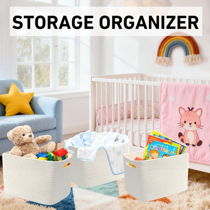3 Pack Woven Rope Storage Baskets for Shelves,13.5"×11"×9.5" Storage Bins with Handles,Empty Gift Baskets,Nursery Organizer for Toys,Towels,Books,Closet,Living Room,Bedroom (White & Brown)