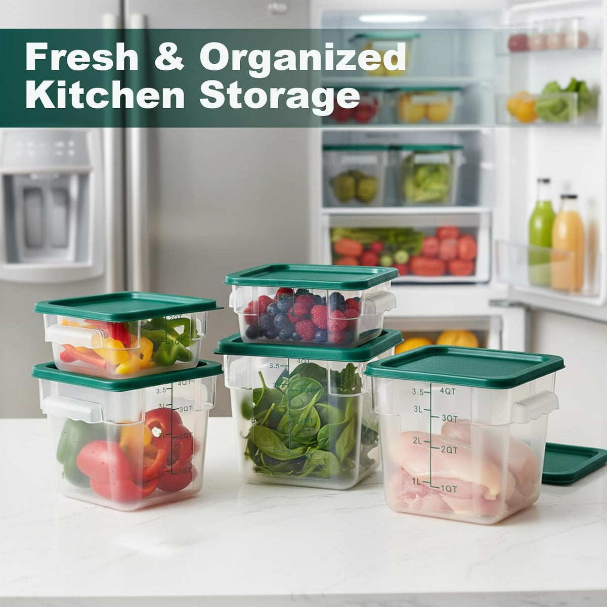 4 Pack 4QT Food Storage Containers with Green Lids, Clear Square Restaurant Commercial Food Storage Containers with Handle and Scale, Marinating Container Dough Rising Bucket for Home & Dining
