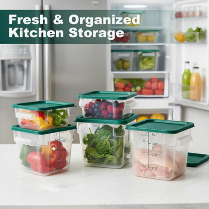 4 Pack 4QT Food Storage Containers with Green Lids, Clear Square Restaurant Commercial Food Storage Containers with Handle and Scale, Marinating Container Dough Rising Bucket for Home & Dining