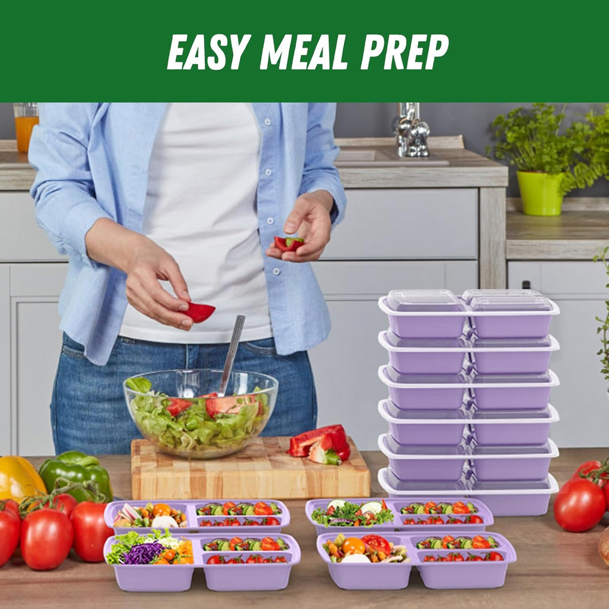 50 Pack (100-Piece) 32 oz Meal Prep Containers Reusable with Lids 3-Compartment, To Go Take Out Plastic Food Storage Containers, Sturdy Leakproof Food Safe, Microwave Freezer Dishwasher Safe, Black