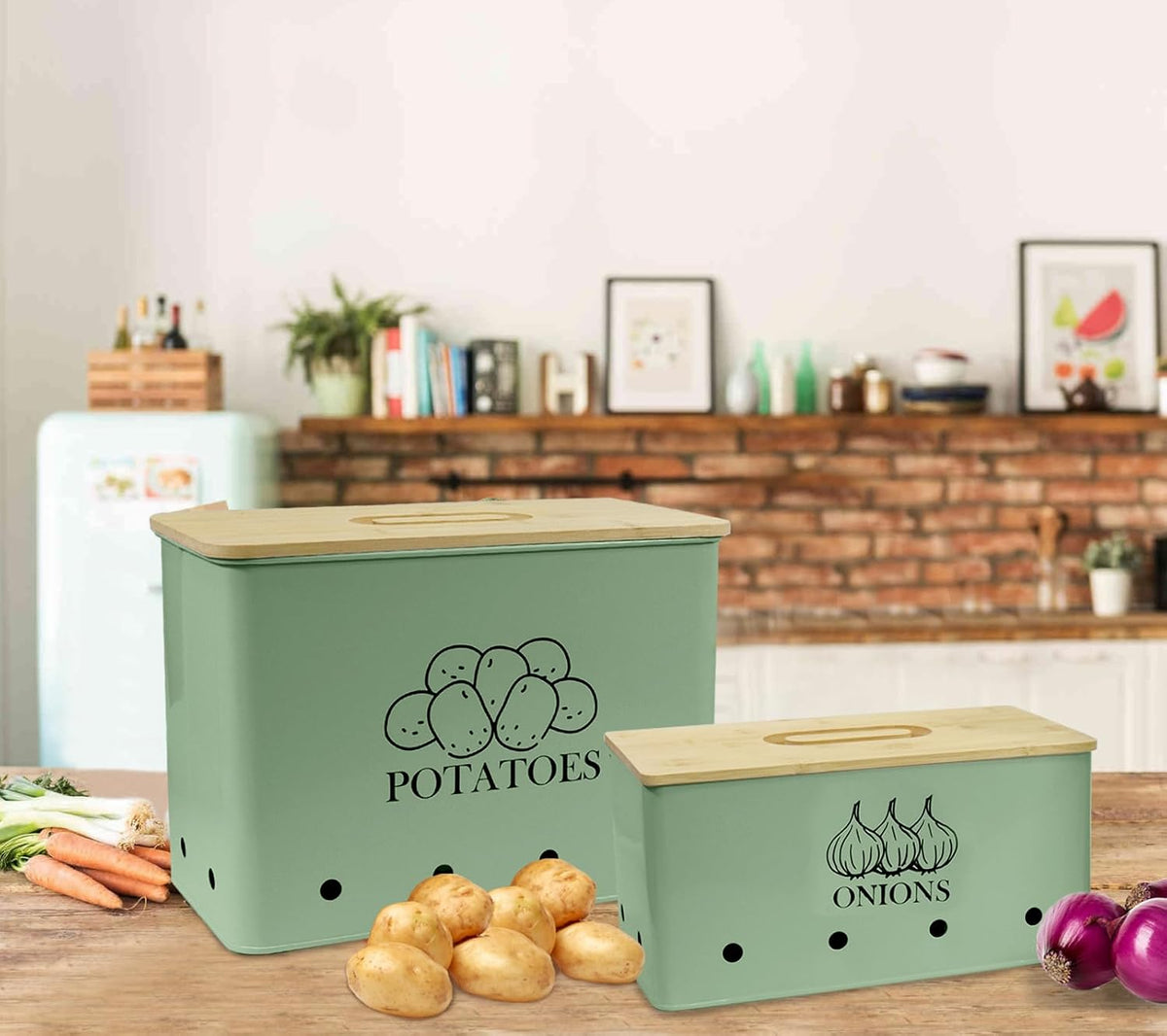 Potato and Onion Storage Bin Set of 2, Vented Metal Vegetable Storage with Wooden Lids, Farmhouse Kitchen Canisters for Countertop Pantry Organizer, Potato Bin Onion Holder for Produce Storage, Black