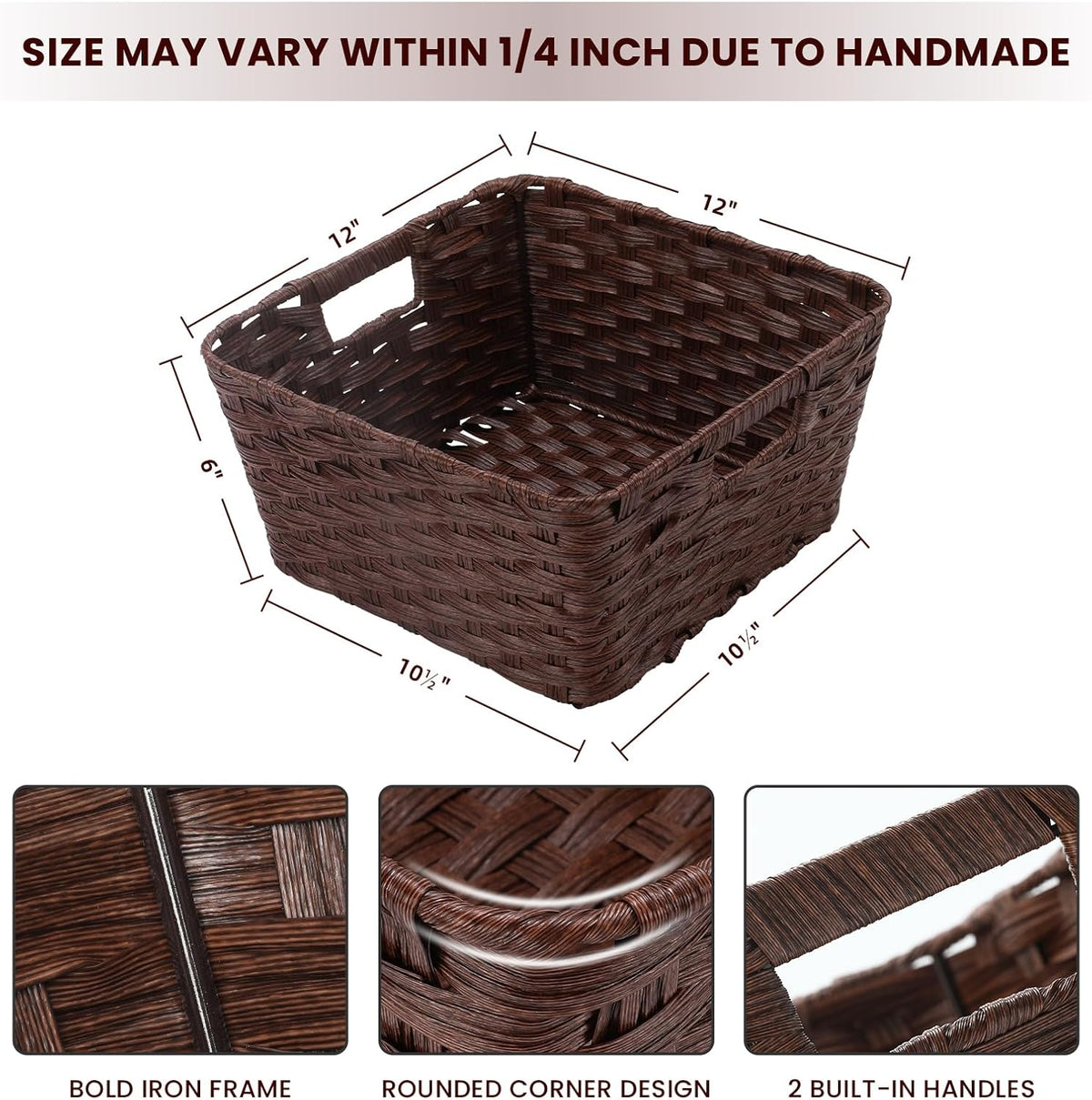 Onlytak Large Wicker Storage Basket, Metal Frame, Set of 2, Washable Waterproof, 15" x 10.3" x 5.2", Brown Color, Woven Basket for Pantry, Toilet, Bathroom, Bedroom, Patio