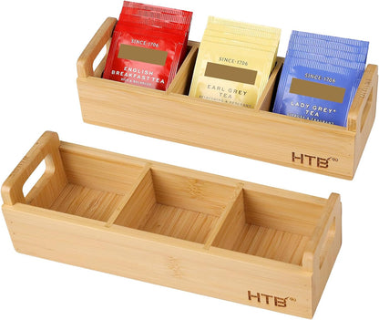 HTB Small Tea Bag Box Wooden, 3 Compartments Acacia Wood Tea Bag Chest with Handle, Mini Countertop Divided Storage Container for Beverage Supplies, Sugar, Sweeteners, Individual Packets