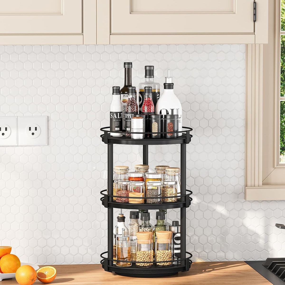 Snughome Rotating Spice Rack, 2 Tier Lazy Susan Organizer, Wood Kitchen Countertop Organizer, Brown Lazy Susan Turntable for Cabinet, 10.2" x 10.2" x 10.4"