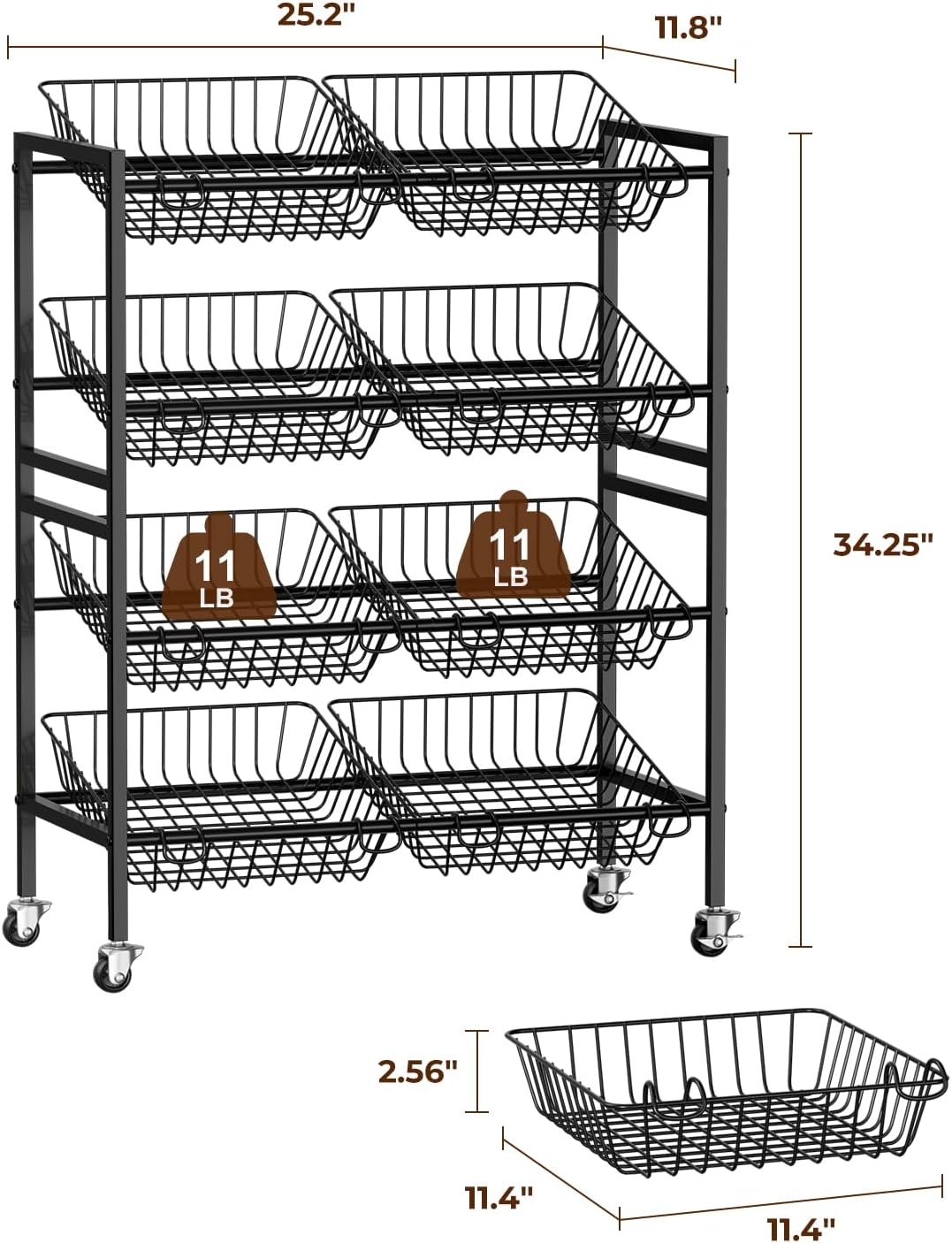 Evermagin 25.2''W Kitchen Storage Cart, Rolling Snack Cart, 4 Tier Fruit Basket Vegetable Stand, Metal Pantry Storage Organizer with 8 Removable Baskets for Onion Potato, Black
