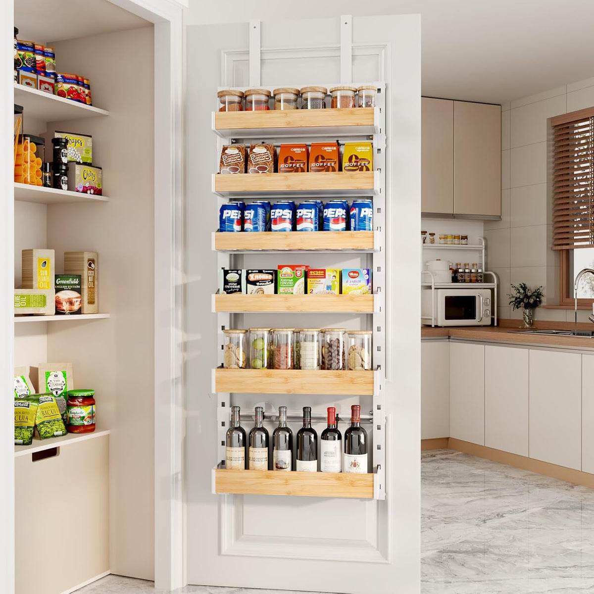 8-Tier Over The Door Pantry Organizer, Heavy-Duty Metal Wall Mount or Hanging Spice Rack, behind the door storage Shelves with Adjustable Basket, Back of Door Organizer for Kitchen Cabinet and Closet