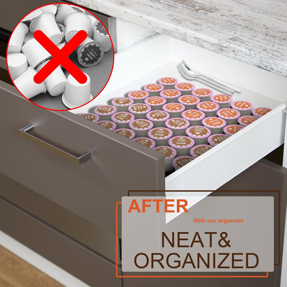 RMAIEYOO Coffee Pod Storage Organizer for Kitchen Drawer, Holds 36 K Cup Pods, Premium Plastic Tray with Non-Slip Mat, Space-Saving Drawer Organizer for Keurig Coffee Capsules