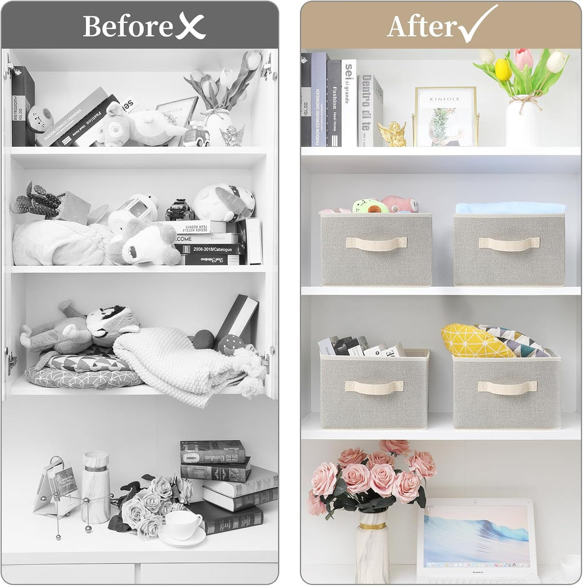 Storage Baskets, 11-Inch Woven Fabric Bins, Storage Cubes with Reinforced Handles, Organizer Bins for Closet Shelves, Foldable, for Toys, Clothes, Natural Beige (3PCS/Beige-11*11*7.8inch)