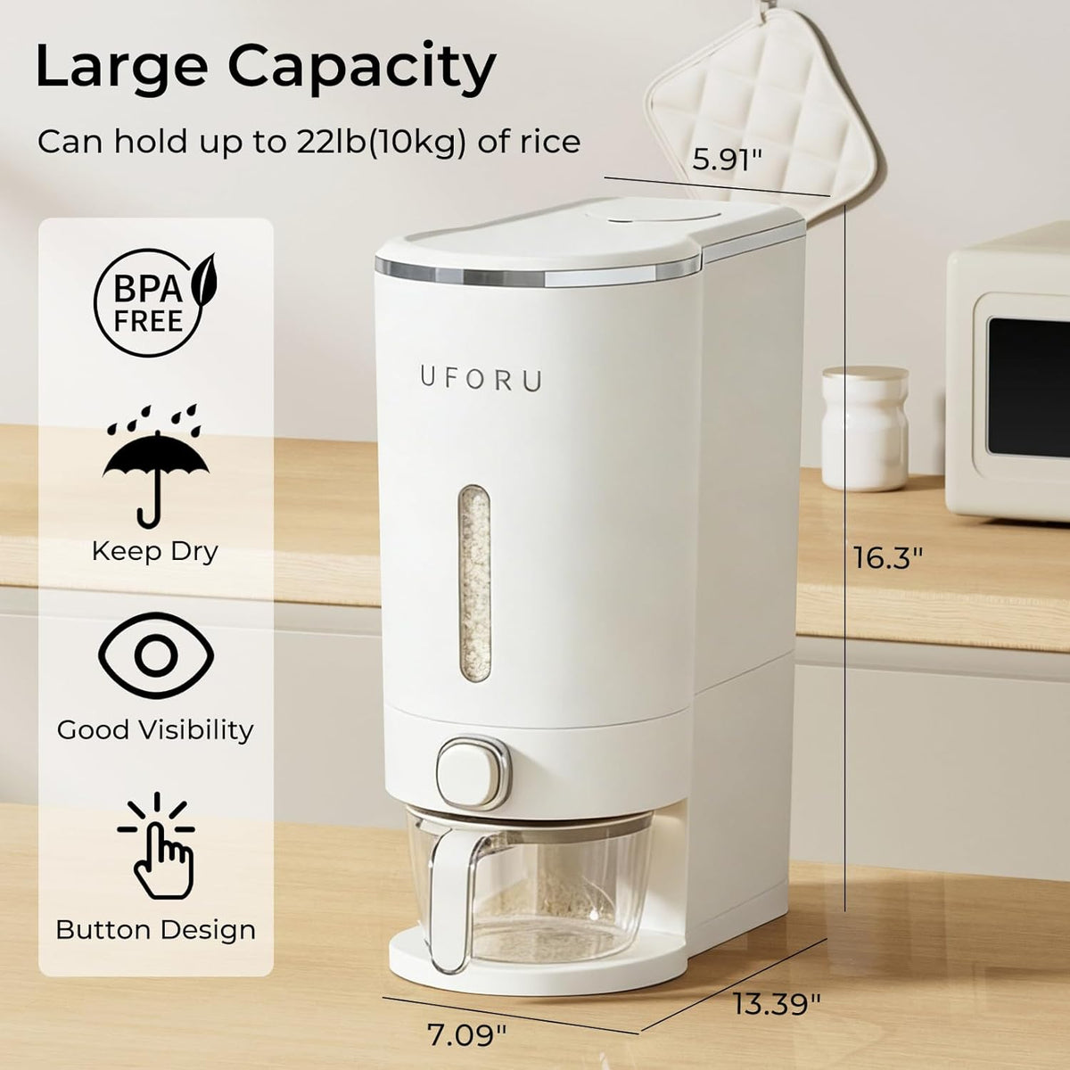 UFORU Rice Dispenser, Rice Storage Container with Measuring Cup for Kitchen Pantry Household, Cereal Dry Food Storage Containers Airtight, Sealed Moisture Proof (Brown 11 Lbs)