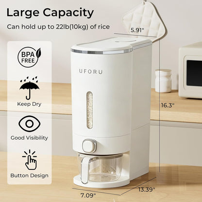 UFORU Rice Dispenser, Rice Storage Container with Measuring Cup for Kitchen Pantry Household, Cereal Dry Food Storage Containers Airtight, Sealed Moisture Proof (Brown 11 Lbs)