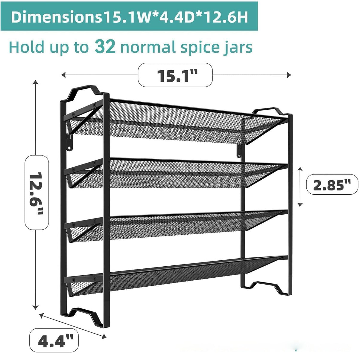 Simple Trending 4 Tier Spice Rack Organizer,Stackable Kitchen Counter Shelves,for Cabinet,Countertop,Pantry, Door or Wall Mount, Metal Mesh,Jars not Included, Black