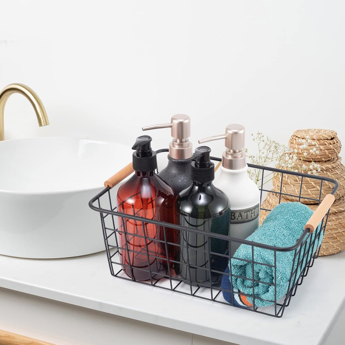 Black Wire Storage Baskets with Wooden Handles - Organizing Pantry and Kitchen Cabinets - Metal Wire Food Storage Basket