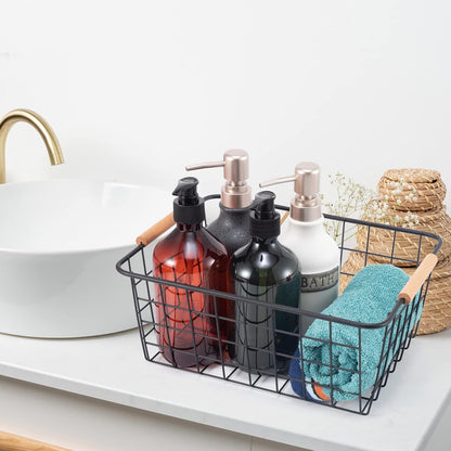 Black Wire Storage Baskets with Wooden Handles - Organizing Pantry and Kitchen Cabinets - Metal Wire Food Storage Basket