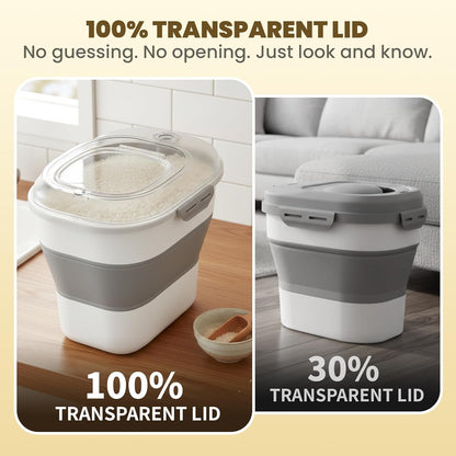 HOYTAMDAR 20-50Lbs Rice Container,Collapsible Food Storage Containers with Airtight Clear Lid,Wheels,Rice Storage Container with Small Bin and Scoop,Rice Dispenser for Flour Sugar Cereal Grain Dog Cat