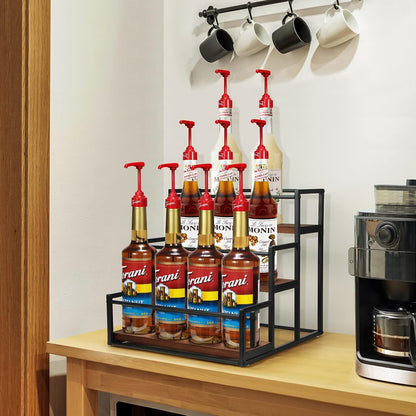 THYGIFTREE Coffee Syrup Rack Organizer 2-Tier 10 Syrup Bottles Holder Stand Metal with Wood Base for Coffee Bar Storage Shelves for Kitchen Countertop Matte Black