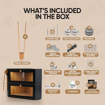 Corner Bread Box for Kitchen Countertop – Bamboo Bread Box with Airtight Design, Dual Divided Compartments, Magnetic Closures, Non-Slip Feet, Clear Windows, Tongs & 2 Free Baking Books -Black