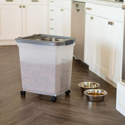 IRIS USA Airtight Dog Food Storage Container, WeatherPro, Up to 50 lbs, Removable Wheels, for Dog Cat Bird and Other Pet Food Storage Bin, Keep Fresh, Translucent Body, Made in USA, Clear/Gray