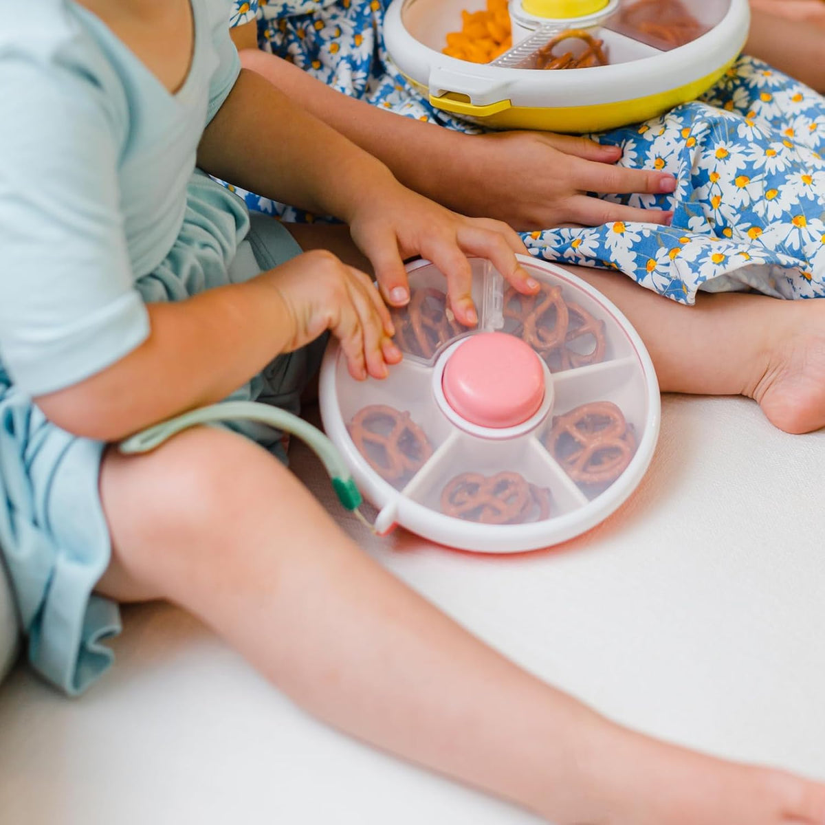 GoBe Kids Small Snack Spinner Slide Bundle with Hand Strap and Sticker Sheet - Reusable Snack Container with 5 Compartment Dispenser and Lid | BPA/PVC Free | Dishwasher Safe | No Spill - Coral Pink