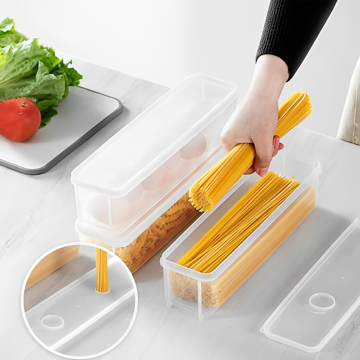 ZENFUN Set of 6 Pasta Storage Containers with Lid, Airtight Spaghetti Noodle Holder Rectangular Chopstick Storage Box Sealed Noodle Canisters for Refrigerator, Kitchen Pantry, 3" x 12" x 3", BPA-FREE