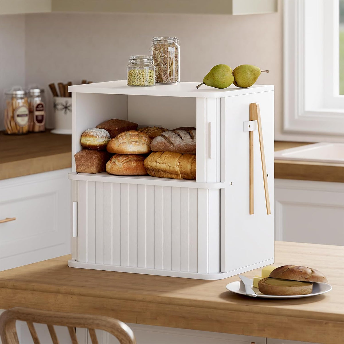 WOWLIVE Bread Box for Kitchen Countertop, Large Roll Top Bread Boxes with Sliding Door, Airtight Bread Storage Container for Loaves, Pastries & Bagels, Bamboo Counter Organizer (Natural, Medium)