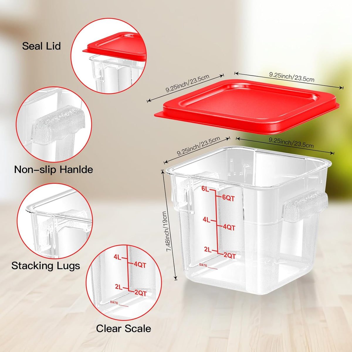 4 pcs 4qt Food Storage Containers with Lid, Square Clear Commercial Food Storage Containers with Handle and Scale for Food Storage in Home Kitchen & Dining (Green)