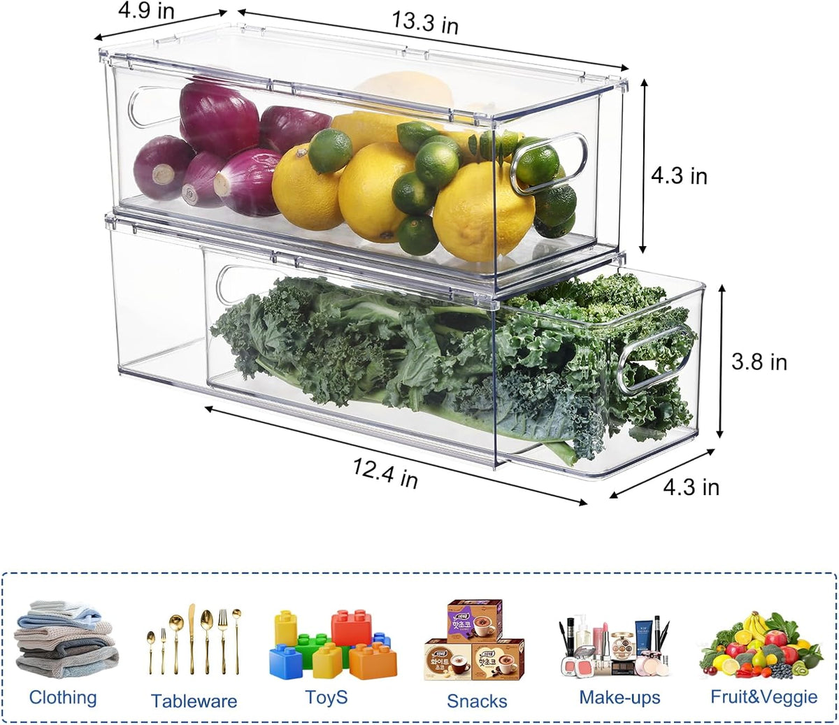 Fridge Drawer Pull Out Stackable Bins, Clear Refrigerator Stackable Organizers, Fridge Organizer Storage for Kitchen, Pantry, Vegetables, Fruits (2 Small + 1 Large)
