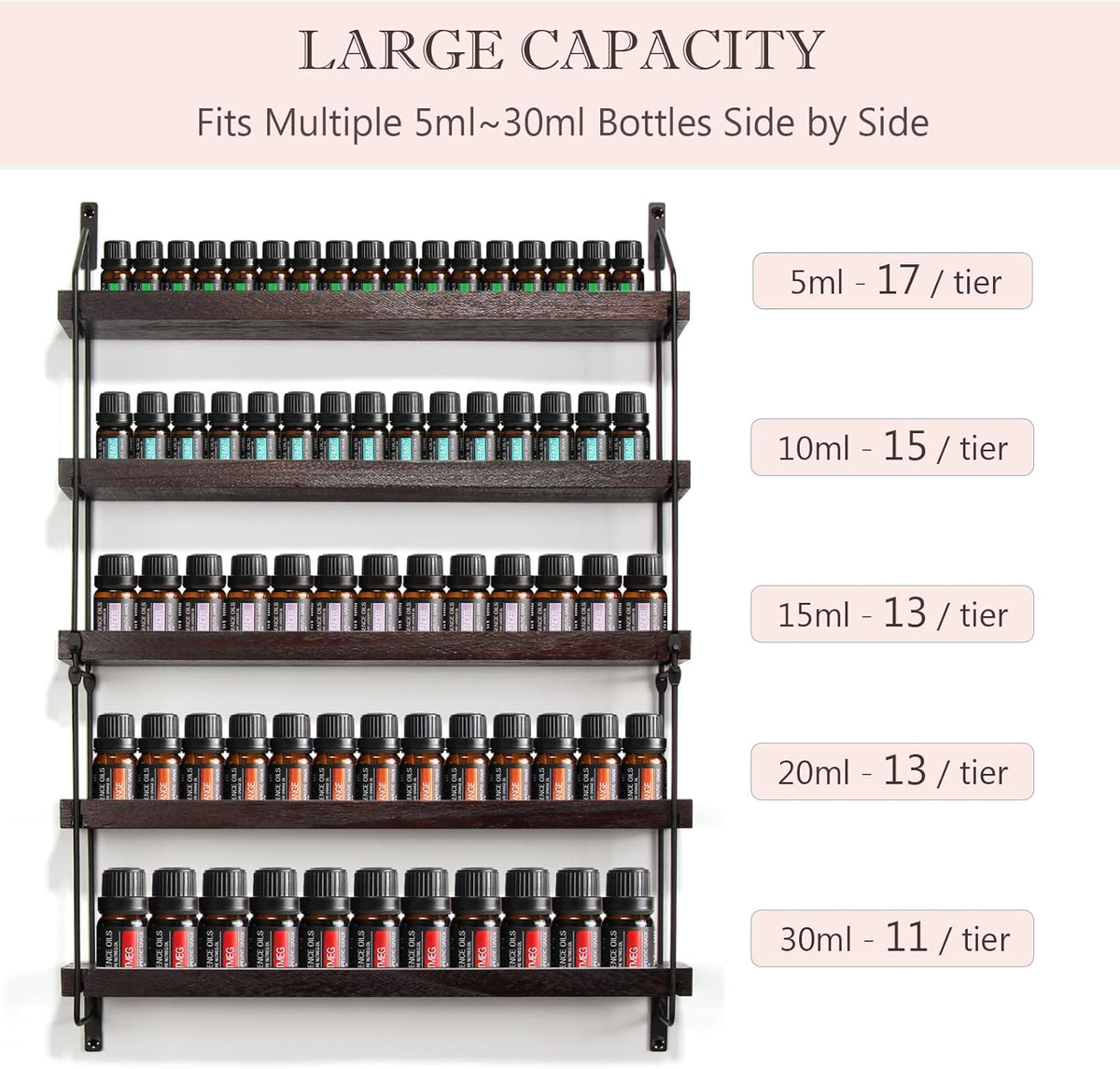 THYGIFTREE Essential Oil Storage Shelf Wall Mounted 16.9" Wooden Essential Oil Collection Display Rack Organizer 5 Tiers Holds 75 Bottles, Nail Polish Holder Paint Organizer