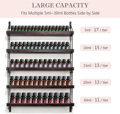 THYGIFTREE Essential Oil Storage Shelf Wall Mounted 16.9" Wooden Essential Oil Collection Display Rack Organizer 5 Tiers Holds 75 Bottles, Nail Polish Holder Paint Organizer