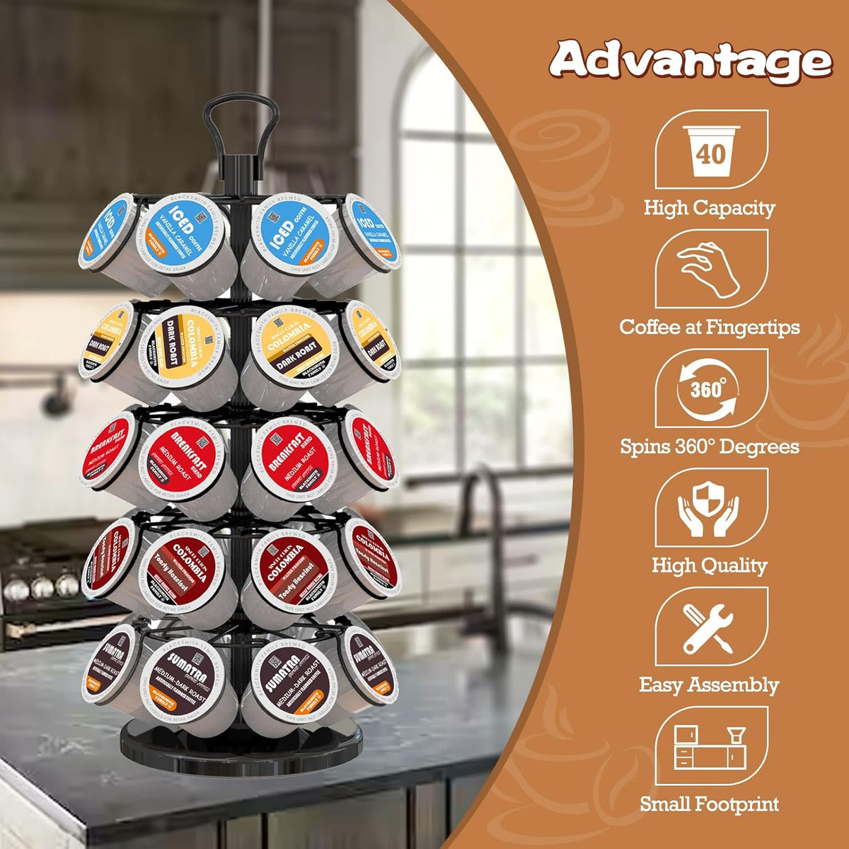 BLACKSMITH FAMILY 36 K Cup Pod Carousel Easy Assembly Design K Cup Holders,K Cup Holder, K Cups Holder,K Cup Carousel, 4-Tier Coffee Pods Holder Storage Organizer Stand,Glossy Black