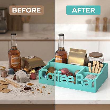 Coffee Bar Organizer for Countertop – Wooden Coffee Caddy with Compartments for Pods, Sugar Packets, and Accessories – Coffee Condiment Station Storage for Home and Office (Black)