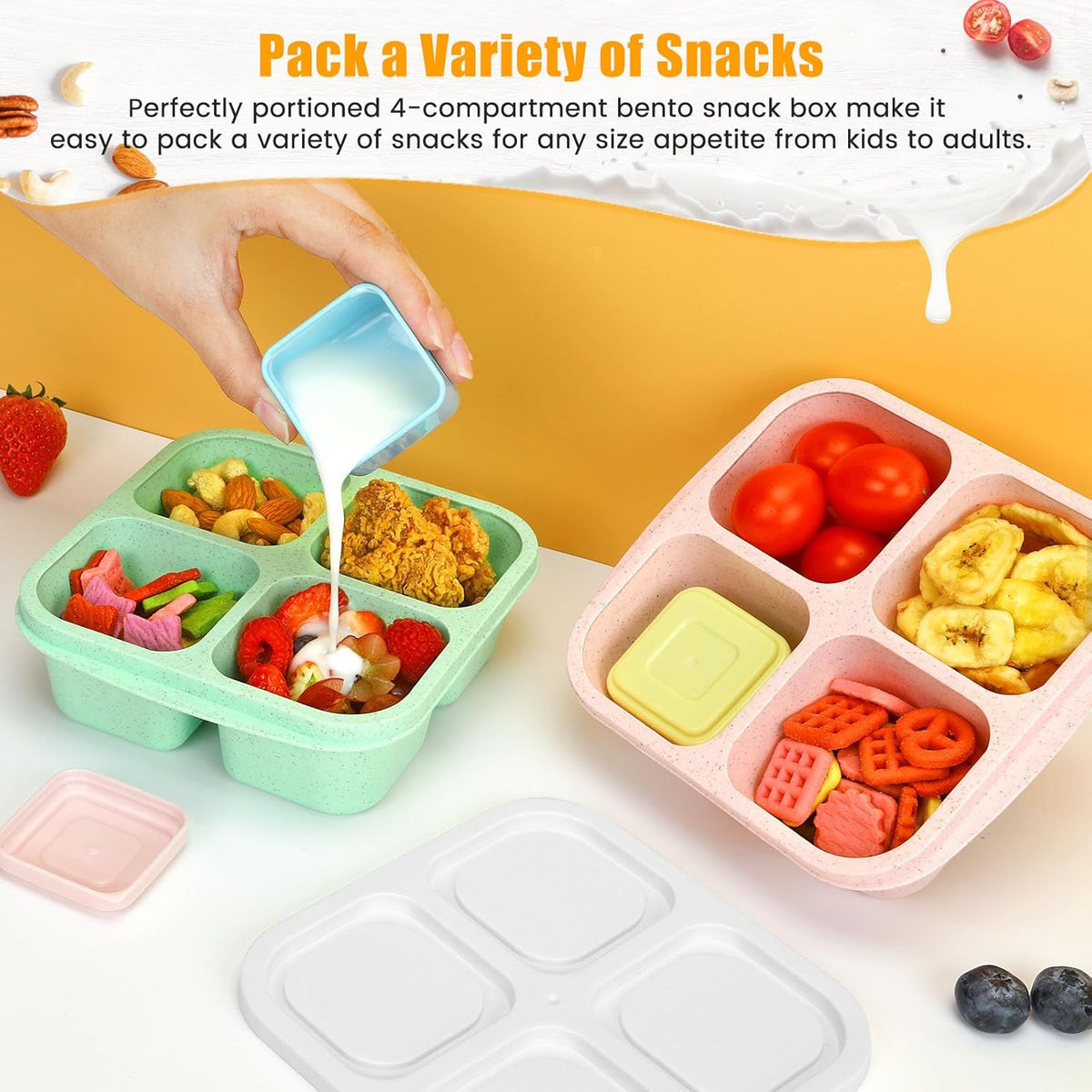 Caperci Lunchable Snack Containers - 4 Pack Bento Snack Boxes with 4-Compartment, 2 Leakproof Dip Cups, Reusable Divided Food Containers for School, Work, Travel (Jewel Brights)