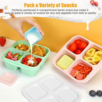 Caperci Lunchable Snack Containers - 4 Pack Bento Snack Boxes with 4-Compartment, 2 Leakproof Dip Cups, Reusable Divided Food Containers for School, Work, Travel (Jewel Brights)