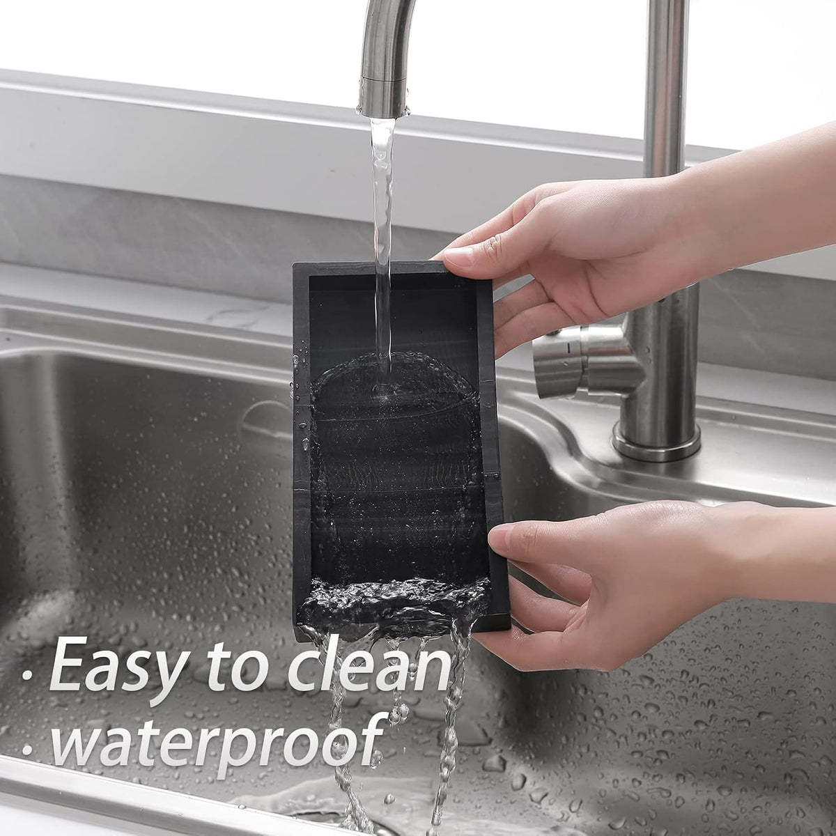 Small Silicone Bathroom Vanity Tray Rectangle Soap and Sponge Holder Kitchen Sink Organizer for Scrubber, Lotion Bottles, Perfume, Jewelry, Candle, Key Trinket Ring, Black