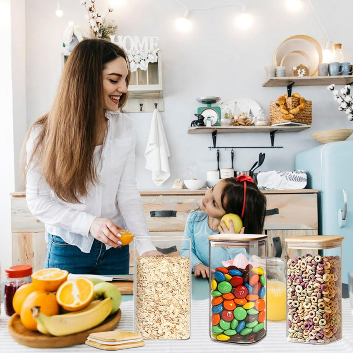 2.2 Qt Square Glass Storage Containers with Lids, Clear Food Storage Container Jar with Sealing Bamboo Lid Storage Containers for Pasta, Oats, Coffee, Flour, Sugar (Square -3Pack)