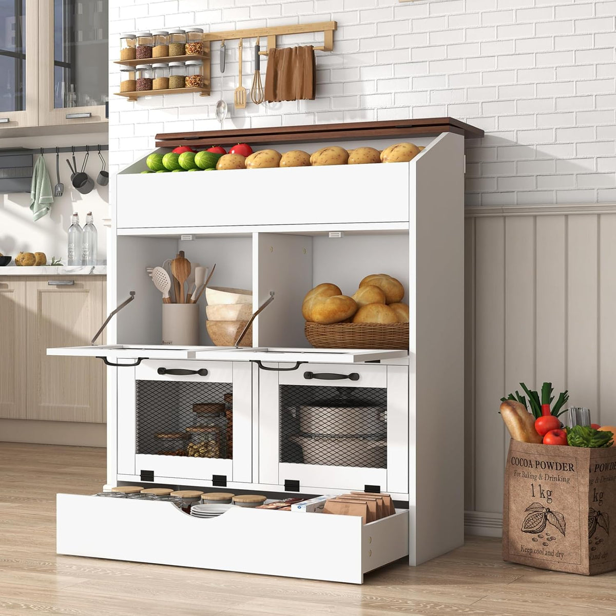 Patiorama Wood Potato and Onion Storage Bin Box with Lid, 4-Tier Farmhouse Wooden Bread Box Cabinet with 2 Mesh Doors & Rolling Drawer, Large Vegetable Storage Bin Organizer for Kitchen Pantry White