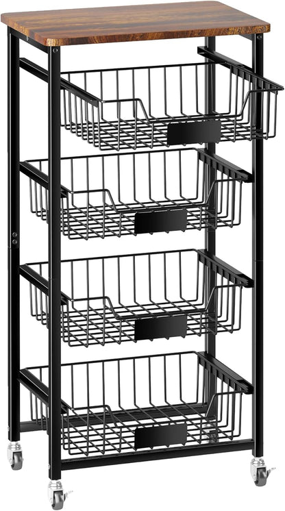 OKZEST 4-Tier Kitchen Storage Cart on Wheels – Mobile Fruit Basket Stand with Drawers & Wooden Top, Small Rolling Pantry Shelf for Potatoes, Onions, Bottled Drinks, Cans, Snacks – Includes 3 PE Liners