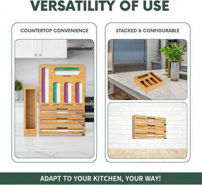 9 in 1 Bamboo Storage Bag Organizer for Kitchen Drawer, Bamboo Kitchen Drawer Organizer with Cutter, Foil and Plastic Wrap Dispenser, Ideal Storage for Gallon, Quart, Sandwich and Snack Bags