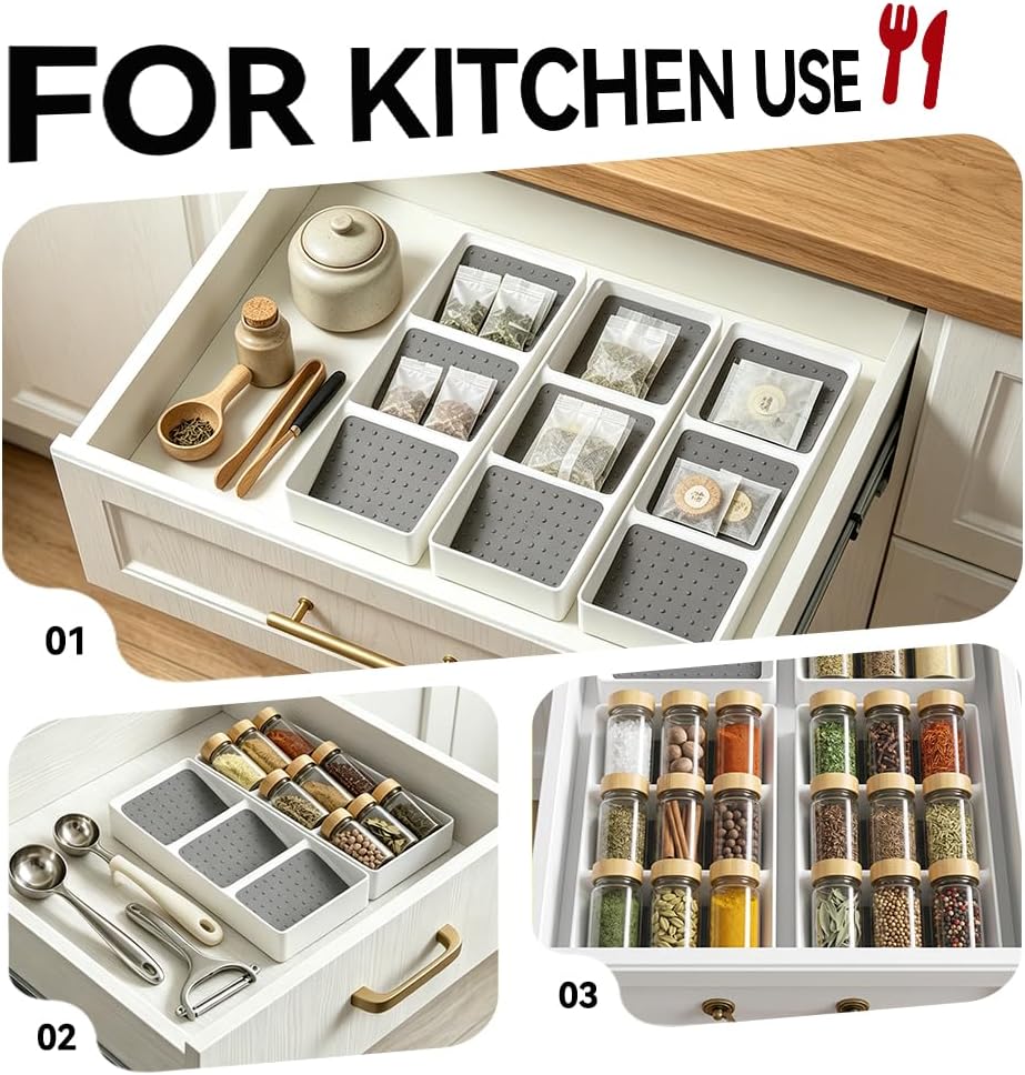 Spice Drawer Organizer,Silicone Seasoning Jar Drawer Insert,Spice Rack Organization for Drawer,Spice jar holder for drawer,Kitchen Spice Rack Tray for Cabinet Countertop Makeup Storage